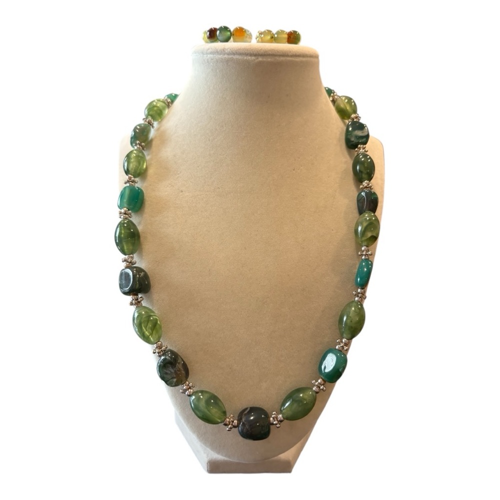Green Agate Jewelry Set Artisan Earrings + Polished Stone Necklace JB7